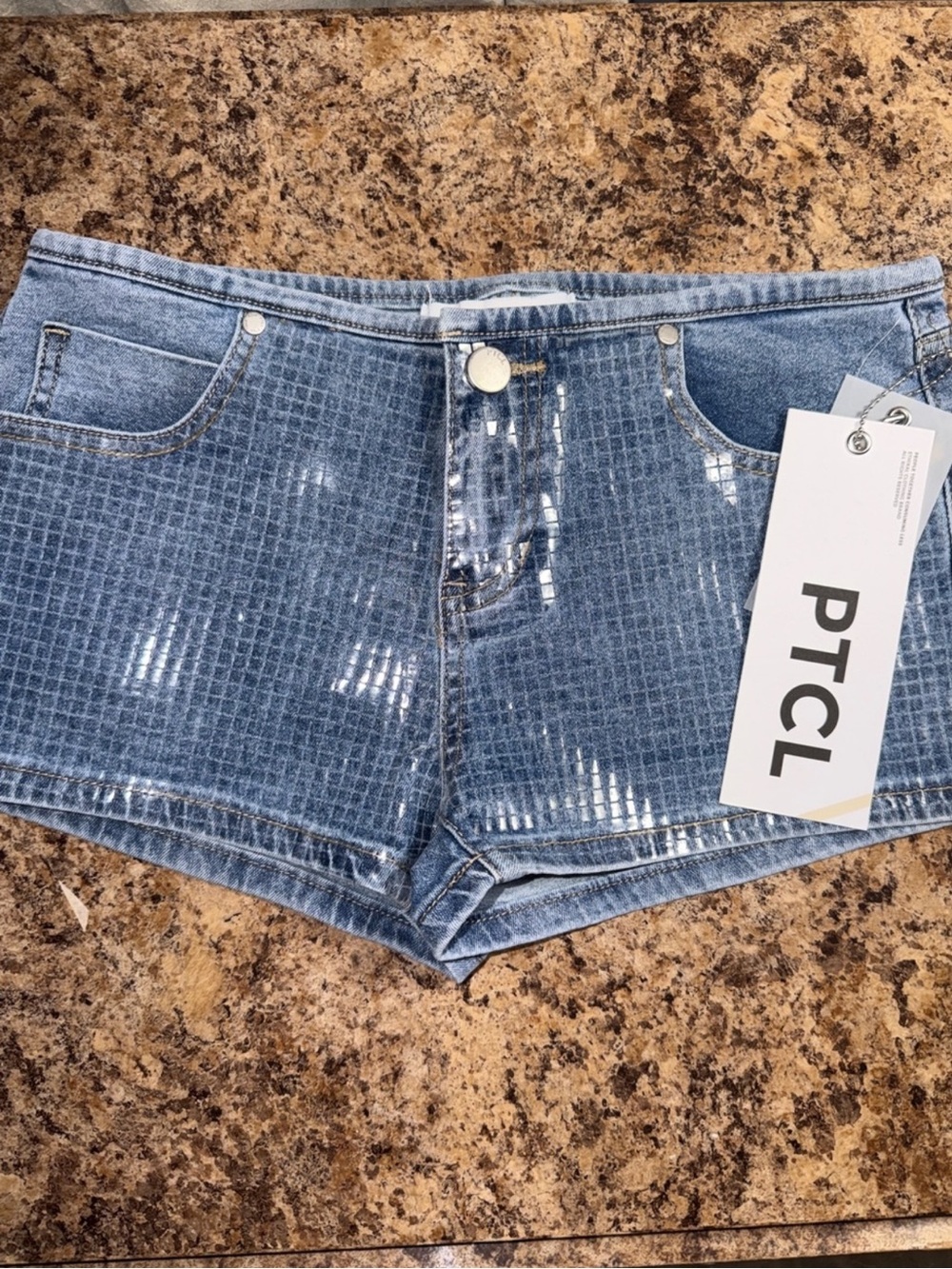 NWT Women's Denim Shorts with Shiny Grid Texture